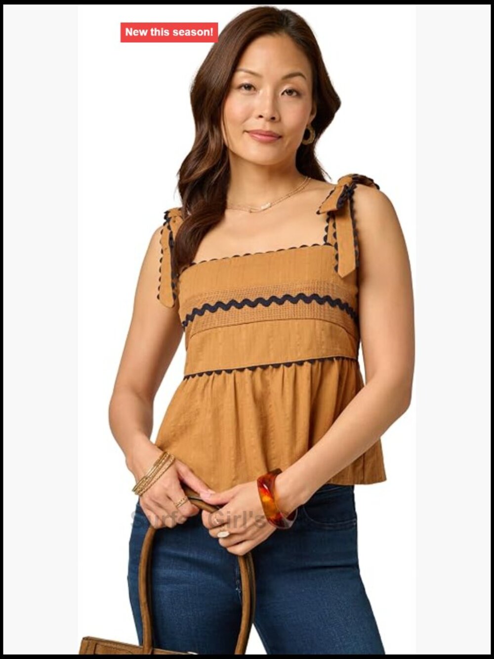 Cotton Babydoll Tank Top with Bow Shoulders Wavy Trim
